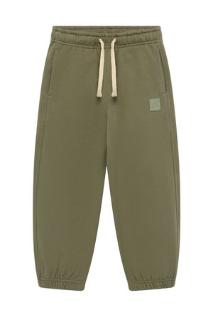 Oliijfgroene fleece joggingbroek met elastische tailleband, crèmekleurige trekkoorden, zijzakken en elastische boorden.