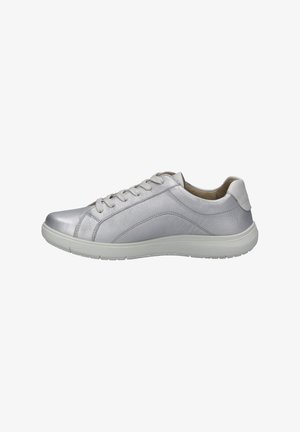 Silver leather sneaker with a smooth texture, rounded toe, lace-up design, and a white rubber sole. Simple stitching accents along the sides.