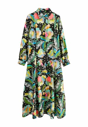 Lång svart blomsterklänning med färgglada mönster av blommor och blad, prickar och krage. Gjord av lätt tyg.