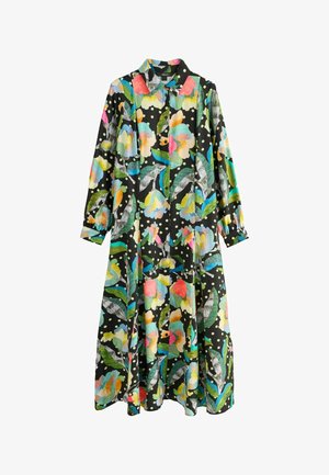 Długa, czarna sukienka w kwiaty z kolorowymi wzorami kwiatów i liści, z groszkami i kołnierzykiem. Wykonana z lekkiej tkaniny.