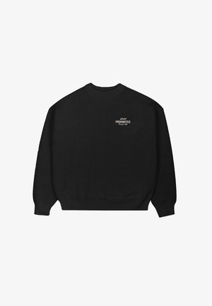 Felpa nera in maglia con scollo rotondo, caratterizzata dalla scritta e dal disegno grafico "PROIBITO" sulla parte anteriore. Il testo è bianco, in contrasto con il tessuto nero.