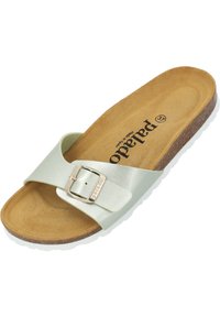 Ljusgrön läderklädd sandal med metallspänne, vadderad brun innersula och vit gummiyttersula, med en platt design.