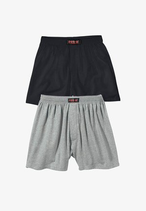 Two pairs of men's boxers: one black and one grey. Made of soft cotton, featuring elastic waistbands and a loose fit with no visible patterns.