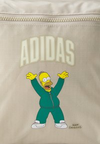 Bežová textilná taška s veľkým logom "ADIDAS". Uprostred je karikatúrna postava v zelenej teplákovej súprave, s vystretými rukami, v bielych teniskách, s podpisom pod ňou.