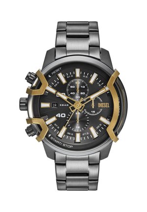 Chronograph-Armbanduhr mit schwarzem Zifferblatt, goldenen Akzenten, Metallgliederarmband, drei Nebenskalen, Datumsanzeige sowie markanten Start/Stopp- und Reset-Tasten.