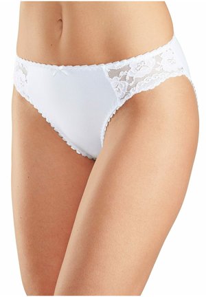 White lace-trimmed panties with a smooth fabric body. Features floral lace accents and scalloped edges, offering a snug fit.