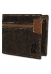 Brown leather wallet featuring a stitched design, multiple card slots, and a notable logo embossed on the side. Smooth texture with a soft finish.
