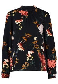 Blusa nera a maniche lunghe con un motivo floreale in tonalità di rosso, rosa e giallo, con un colletto alto e dettagli arricciati.