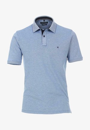 Blaues Poloshirt aus strukturiertem Stoff mit kontrastierendem Kragen. Verfügt über eine Knopfleiste mit drei Knöpfen und ein kleines Logo auf der Brust.