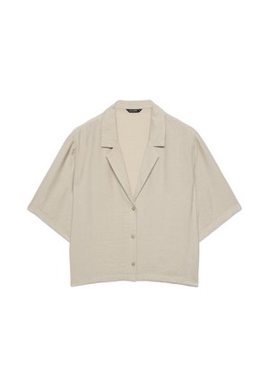 Beige short-sleeve button-up shirt with wide collar and relaxed fit, made of lightweight textured fabric.
