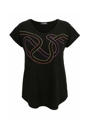 Schwarzes T-Shirt mit kurzen Ärmeln, das ein farbenfrohes, wirbelndes Linientdesign aus kleinen Punkten zeigt. Aus weichem Stoff mit relaxed Fit und rundem Ausschnitt.