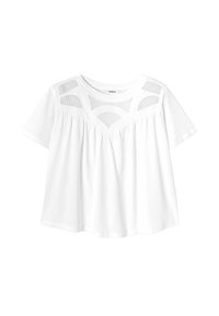 T-shirt en coton blanc à manches courtes, avec un panneau en mesh présentant des motifs courbes au niveau du dos et une coupe évasée, ample.