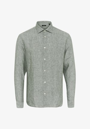 Világoszöld len hosszúujjú ing hegyes gallérral, elöl gombos záródással és textúrázott anyagú felülettel.