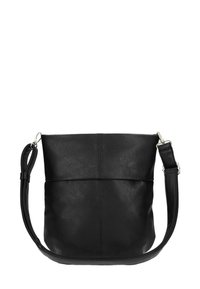 Schwarze Lederhandtasche mit einer strukturierten Oberfläche, die über einen einzigen verstellbaren Schulterriemen und ein minimalistisches Design verfügt. Keine sichtbaren Beschläge oder Muster.