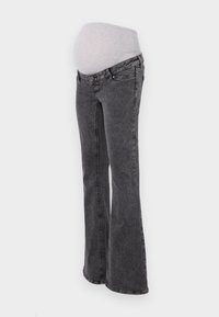 Jeans de maternidad con una cintura elástica ajustada de color gris, piernas acampanadas y acabado en denim gris oscuro, que cuentan con costuras estándar y bolsillos.
