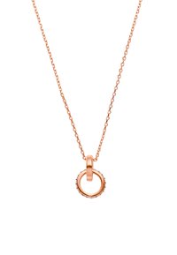 Roségold-Halskette mit einem runden Anhänger, der einen strukturierten äußeren Ring und eine glatte innere Schleife aufweist, die an einer zarten Kette befestigt ist.