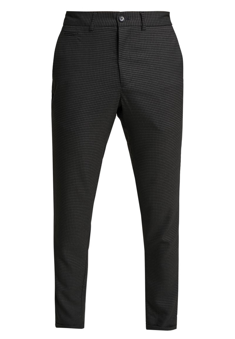 Mörkgrå herrbyxor i slim fit med ett subtilt rutmönster, knäppning, bälteshällor och sidofickor.