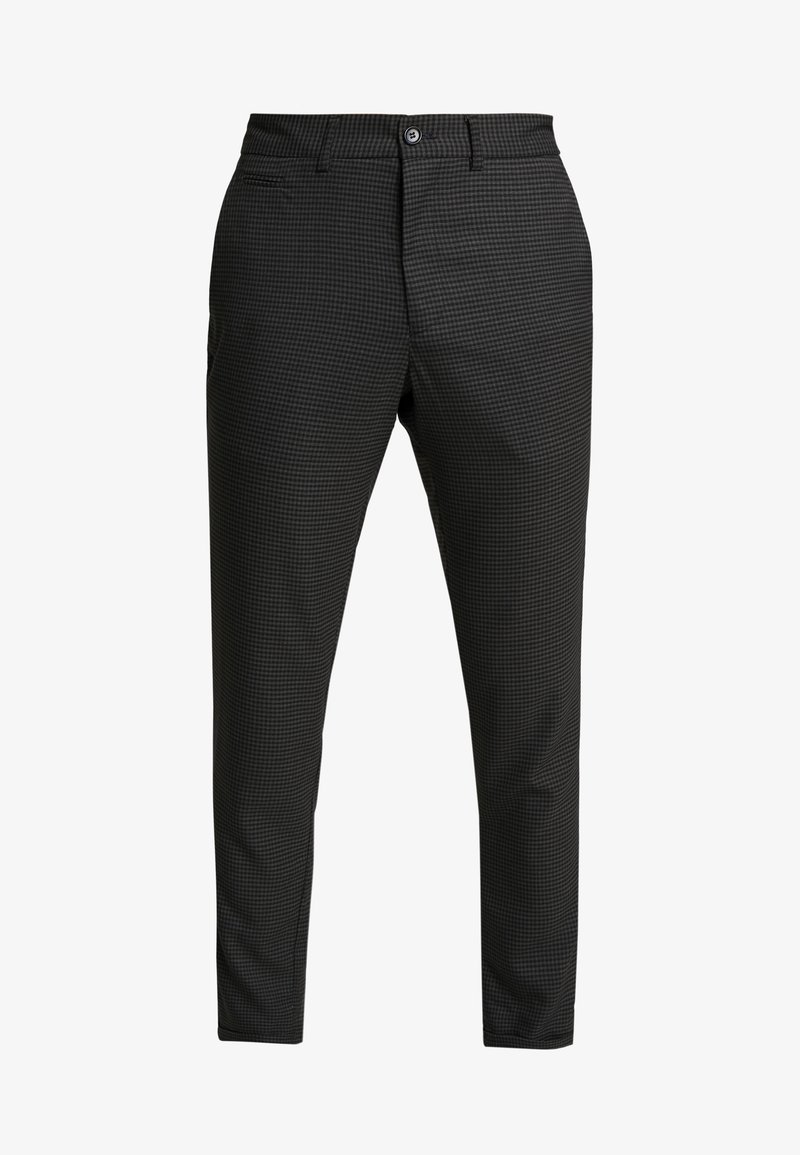 Pantalons slim-fit gris foncé pour homme avec un motif à carreaux subtil, fermeture à bouton, passants de ceinture et poches latérales.