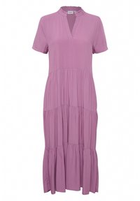 Ljuslila klänning med korta ärmar, en volangkrage, en V-ringning och tiered, samlade sektioner, gjord av ett flödande tyg.