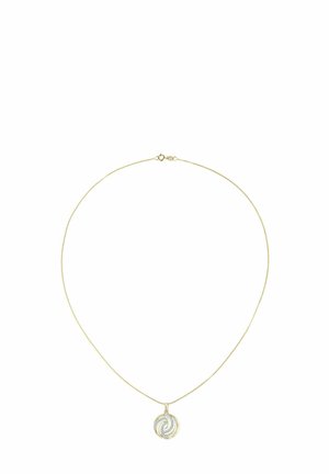 Gold-colored necklace with a thin chain, featuring a circular pendant with a swirl design in silver and textured accents.