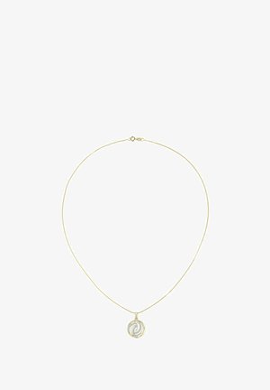 Auksinės spalvos vėrinys su plona grandinėle, kuriame yra apvalus pakabukas su sidabriniu sūkurio dizainu ir tekstūruotais akcentais.