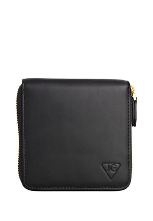 Black leather wallet with a textured finish, featuring a gold zipper, and embossed logo on the front. Compact square shape.