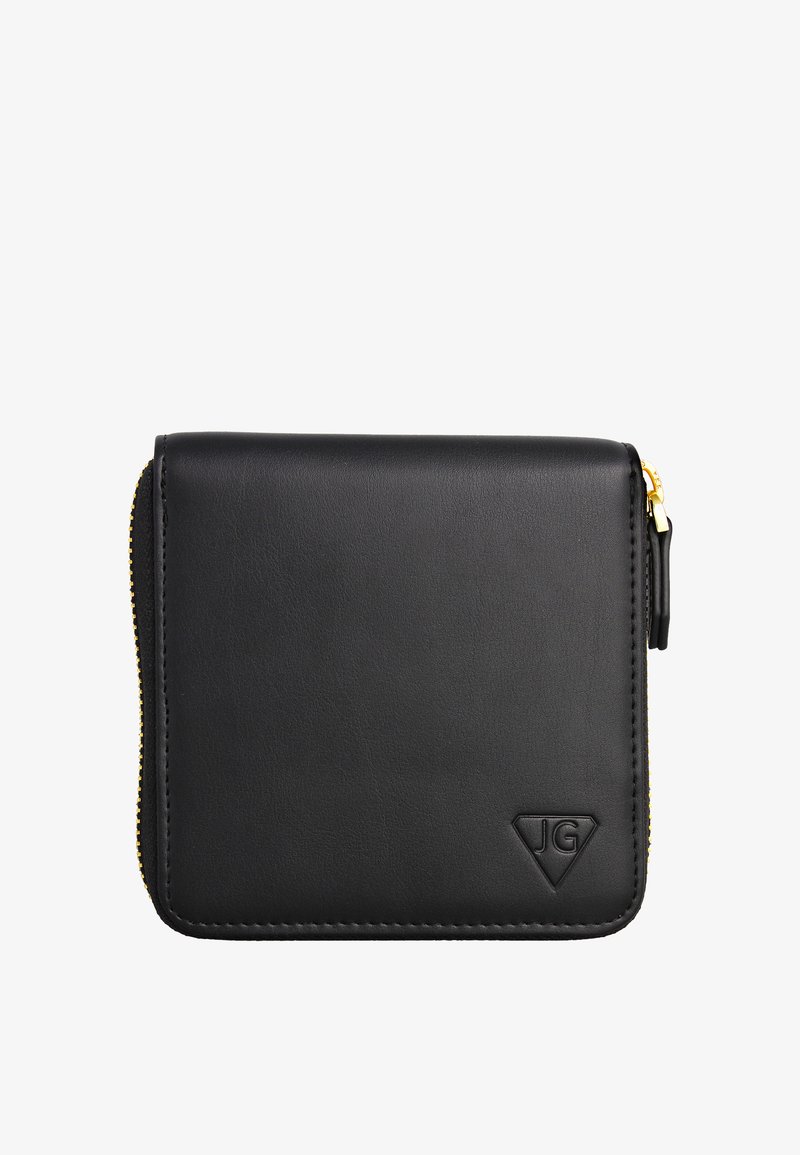 Juodas odinis piniginė su tekstūruotu paviršiumi, su auksiniu užtrauktuku ir iškilusiu logotipu priekyje. Kompaktiška kvadratinė forma.