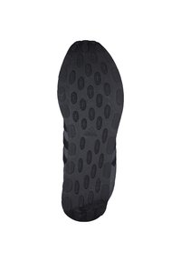 Suela de zapato deportivo negro con una superficie texturizada que presenta patrones ovalados y circulares; con la marca "adidas" cerca del talón.
