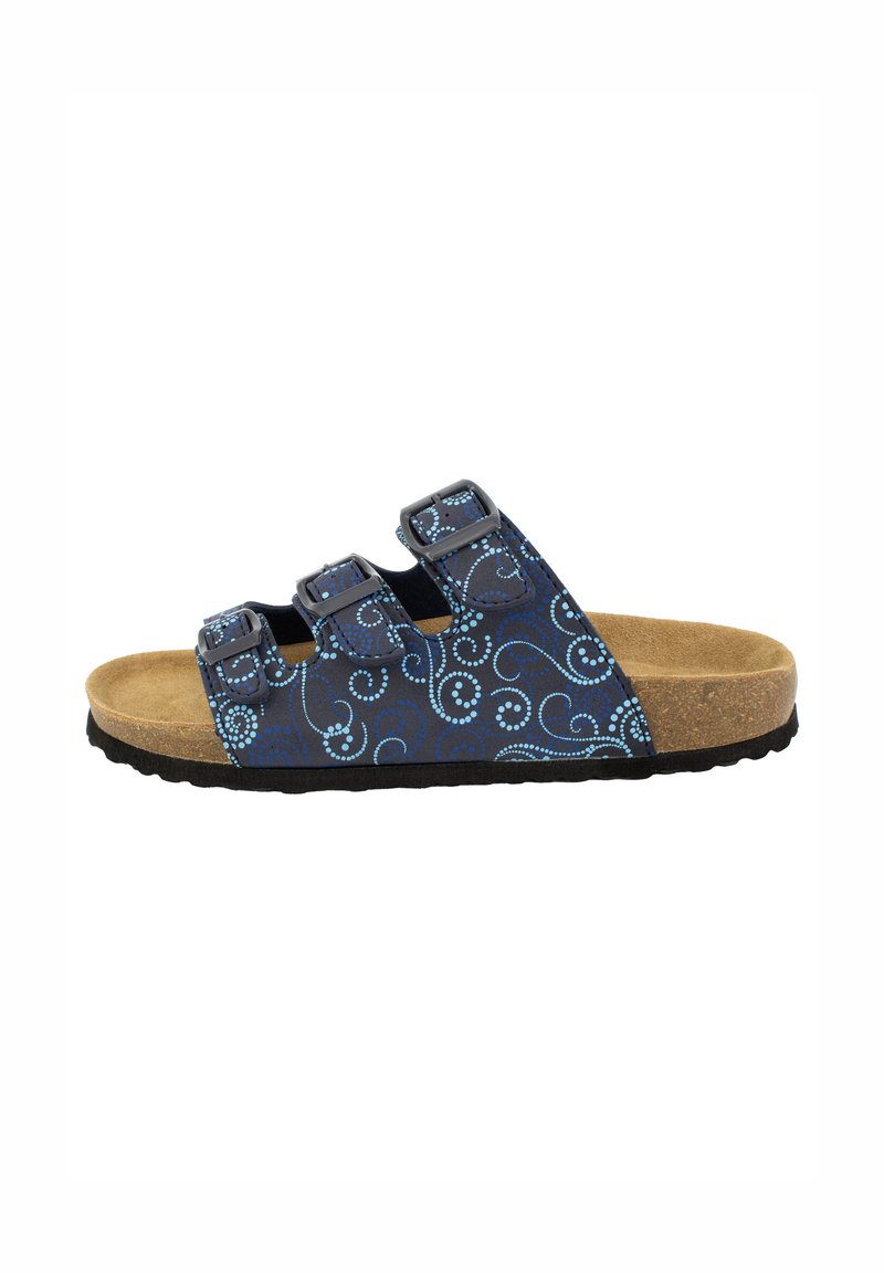 Blue patterned slide sandal with three adjustable straps, cork footbed, and black rubber sole. Features swirls in lighter blue tones.