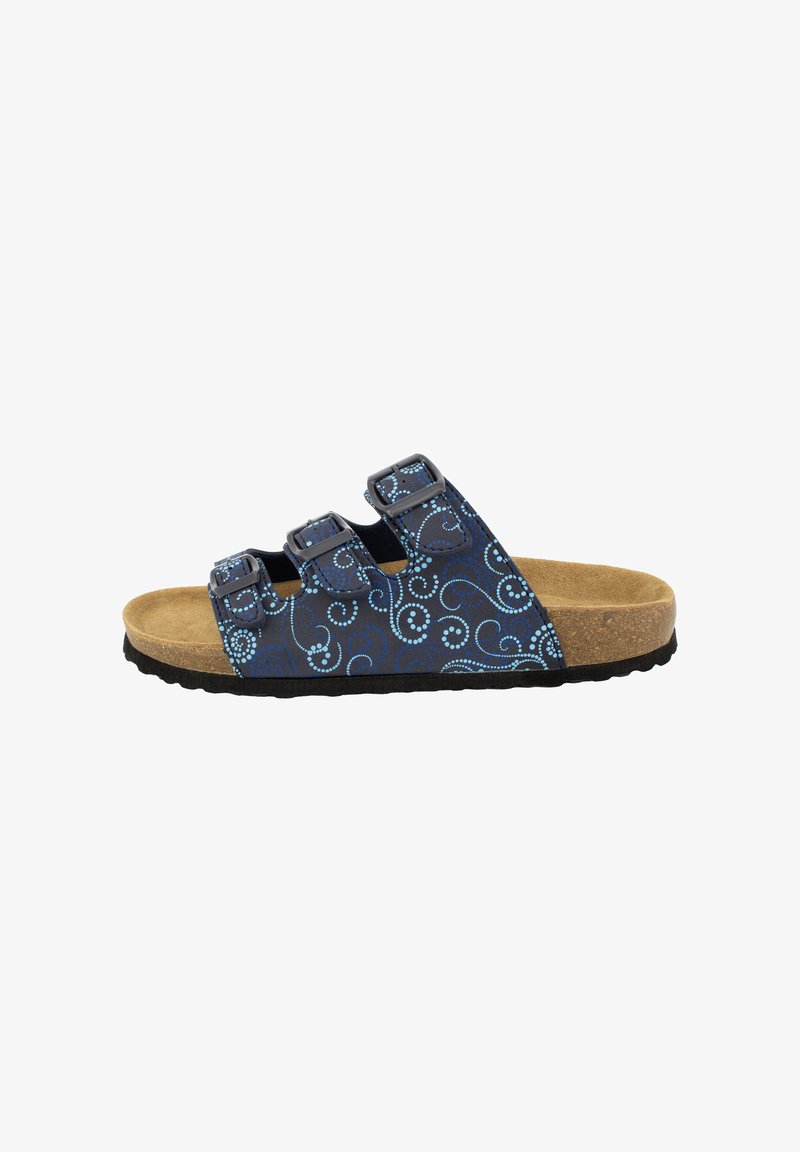 Infradito blu con motivo e tre fasce regolabili, suola in sughero e suola in gomma nera. Presenta spirali in tonalità di blu più chiare.