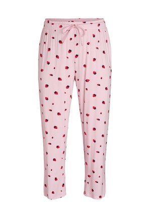 Pantalones de pijama rosa con una textura suave que presentan un estampado disperso de fresas en rojo y negro, cintura elástica y detalle de cordón.