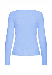 Maglione a maniche lunghe a coste di colore azzurro chiaro con silhouette aderente, mostrato di schiena su uno sfondo bianco.