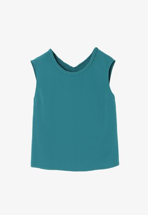 Tyrkysová bezrukávová blúzka s opleteným výstrihom. Hladká tkanina, voľný strih a rovný spodný okraj. Žiadne viditeľné vzory ani kovanie.