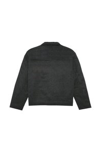 Grijze geruite overhemdjasje met een kraag, lange mouwen en een cropped ontwerp. Heeft een gestructureerde stof en een achterzak.