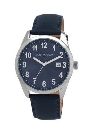 Blue analog watch with a dark blue leather strap, silver stainless steel case, large white numerals, and date display at 3 o'clock.