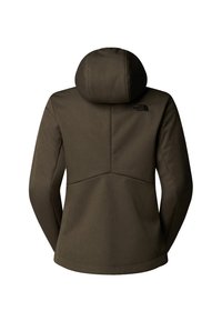 Brown hoodie jacket with a fitted hood, smooth texture, and black logo on the back. Features a sleek design and contoured seams.