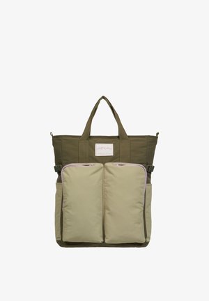 Borsa a mano verde e beige con due tasche frontali con zip e doppi manici, con una piccola toppa rettangolare con logo sul davanti.
