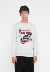 Lys grå hettegenser med en vintage-stil "Hogwarts Express" grafikk i rødt og blått. Ribbestrikkede ermer og hem, laget av mykt bomullsmateriale.