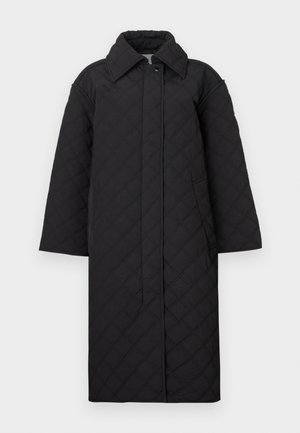 Cappotto nero trapuntato con un ampio colletto, maniche lunghe e un design a lunghezza media. Presenta una chiusura con bottoni e una texture a diamante.