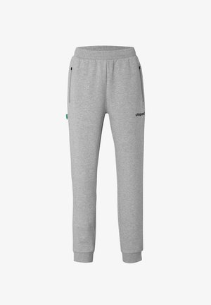 Grå sweatpants lavet af blødt stof, med elastisk talje, indsnørede ankler, sidelommer med lynlås og et lille logo på benet.