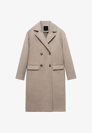 Beige wollen jas met een dubbelzijdig ontwerp, geknoopte kleppen en twee voorzakken. Gladde textuur met donkere ronde knopen.