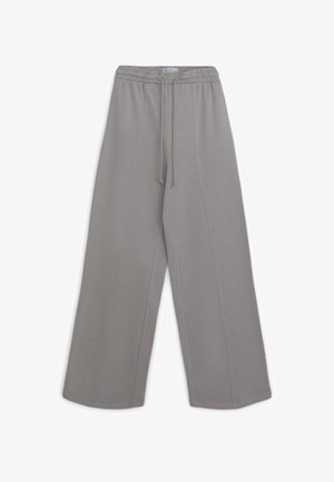 Graue Sweatpants mit weitem Bein, elastischem Bund und Kordelzug, mit vertikalen Nahtdetails vorne und hinten.