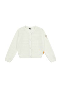 Bílý pletený cardigan s kulatým výstřihem, předním zapínáním na knoflíky, vzorem s dírkami a nášivkou medvídka na levém rukávu.