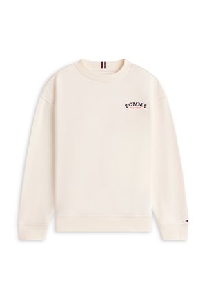 Light beige sweatshirt with ribbed cuffs and hem, featuring a small embroidered “TOMMY HILFIGER” logo in dark blue and red accents.