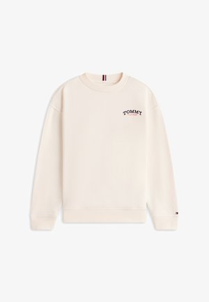 Jasnobeżowa bluza z bawełny z prążkowanymi mankietami i dołem, z małym haftowanym logo „TOMMY HILFIGER” w ciemnoniebieskim kolorze z czerwonymi akcentami.