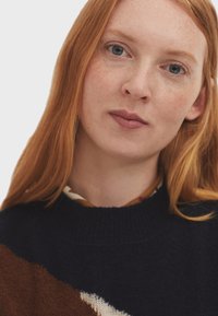 Strickpullover in Marineblau, Braun und Creme, mit einem Farbblockdesign und Rundhalsausschnitt. Weicher Stoff und lässige Passform.