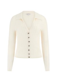 Cardigan a coste crema con maniche lunghe, scollatura a V e sei bottoni scuri. Caratterizzato da una vestibilità strutturata e una morbida trama a maglia.