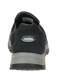 Zwarte suède schoen met een grijze rubberen zool. Bevat een ronde hak, een gevoerd flapje en een opvallend "rollingsoft" logo aan de achterkant.