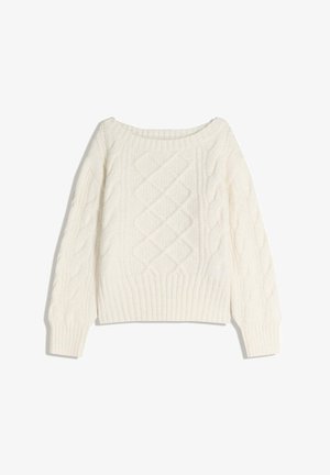 Cream-colored knitted sweater with cable patterns, round neckline, and ribbed cuffs and hem. Soft texture, cropped fit.