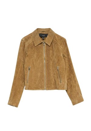 Veste en daim marron avec fermeture éclair à l'avant, col pointu et deux poches latérales zippées, posée à plat sur un fond blanc.